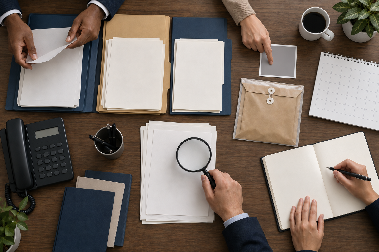 Adult hands organize anonymized case files, an evidence envelope, a telephone, and verification tools on a desk.