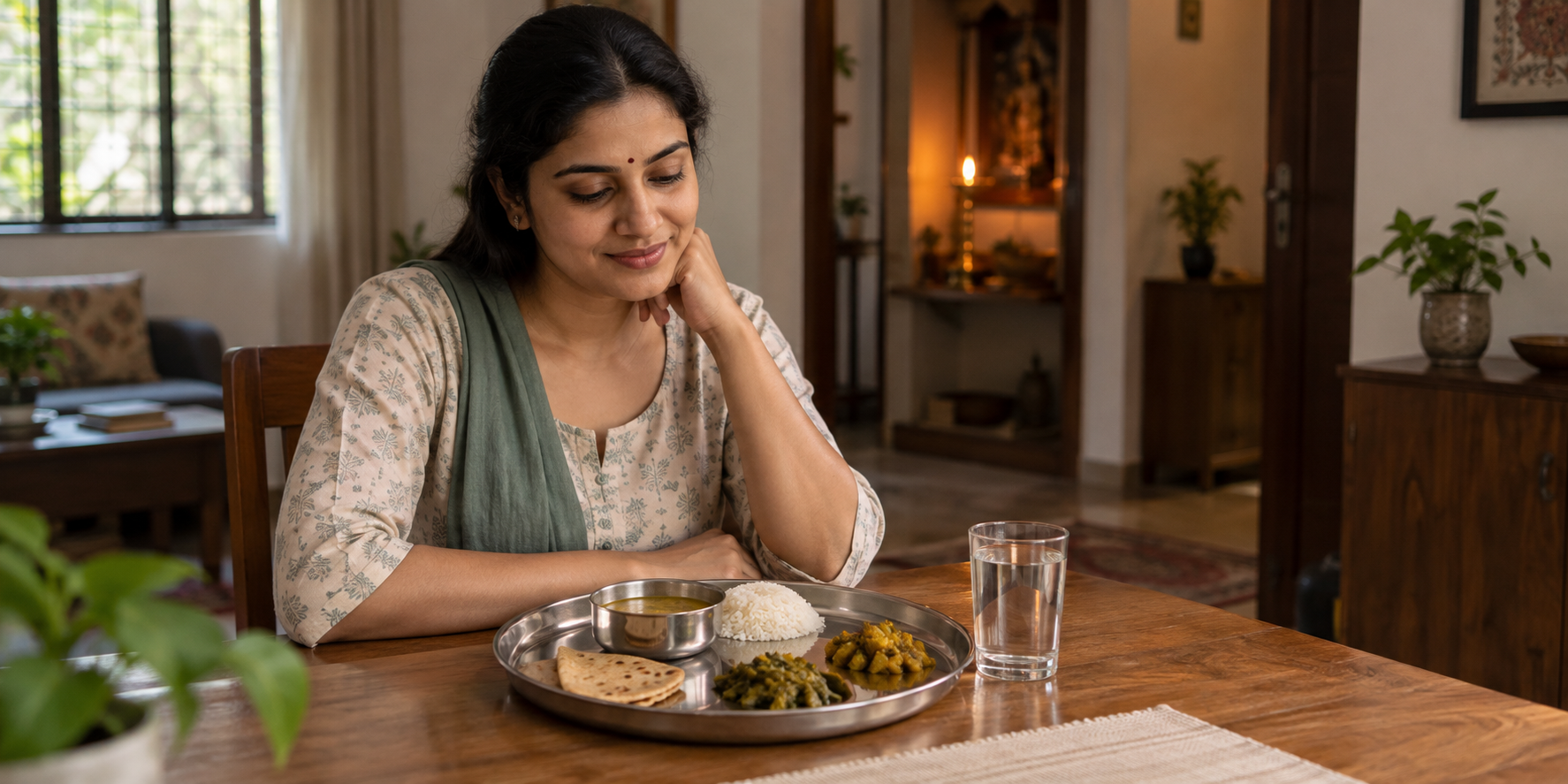 An adult pauses attentively before a moderately portioned vegetarian meal served on a stainless-steel thali in a quiet home.