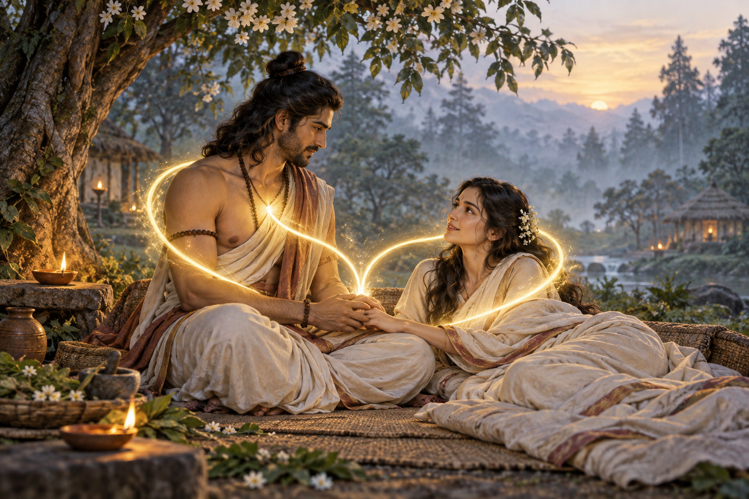 Ruru sits beside the awakening Pramadvara as golden light divides equally between them in a forest hermitage.
