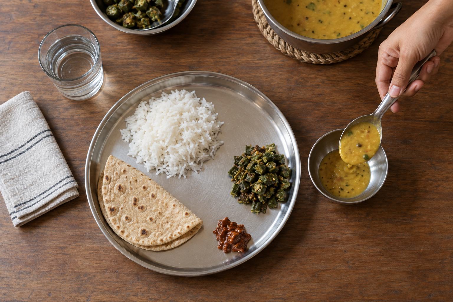 A hand serves a modest portion of dal beside a partially filled thali with rice, chapati, vegetables, and water.