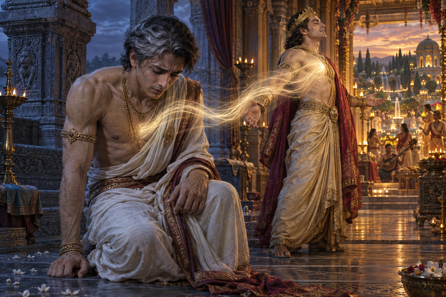 Puru grows older as his youth passes in a luminous stream to King Yayati inside an ancient palace.