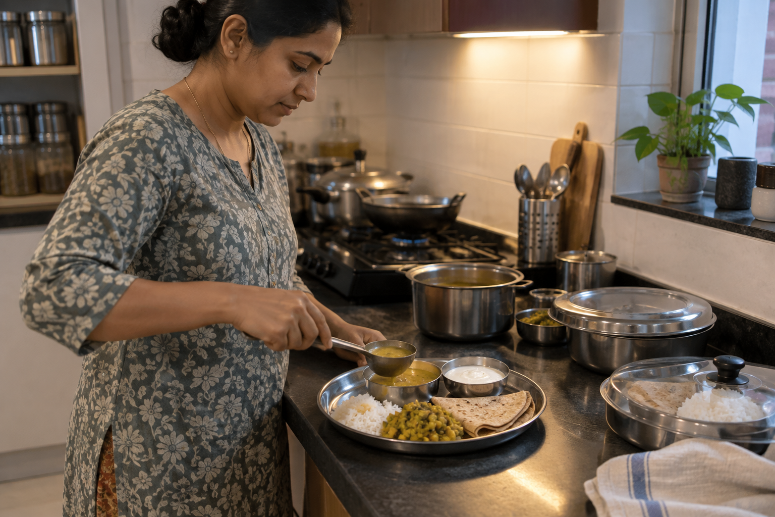 An adult assembles a simple, moderately portioned meal of dal, vegetables, rice, chapati, and yogurt in a home kitchen.