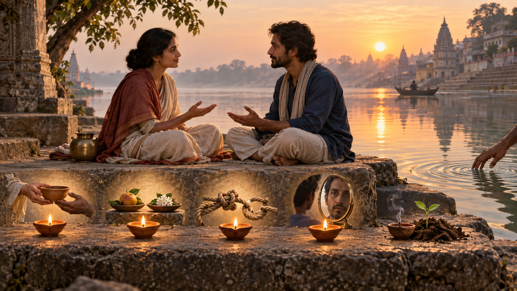 Five oil lamps lead toward two people in balanced conversation beside symbolic objects on a riverside stone platform.