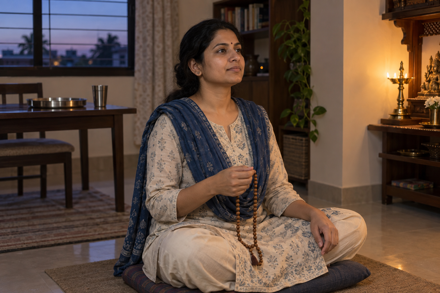 An alert adult sits with a wooden mala for japa after finishing a moderate meal in a quiet home.