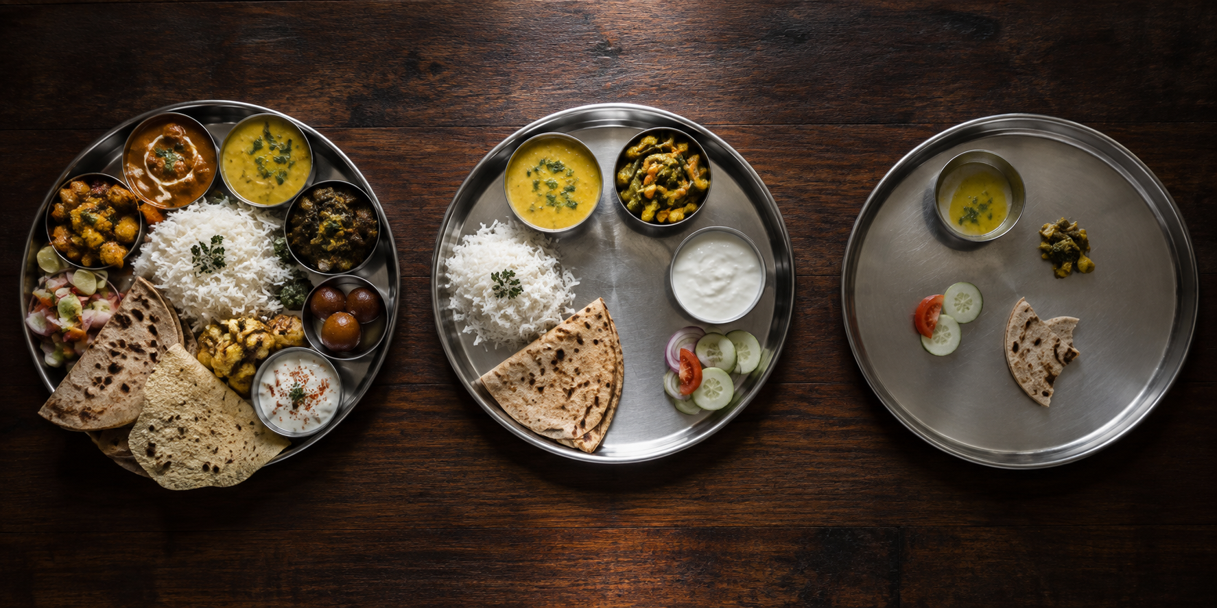 Three thalis show an overloaded meal, a balanced moderate meal, and an inadequately sparse meal arranged side by side.