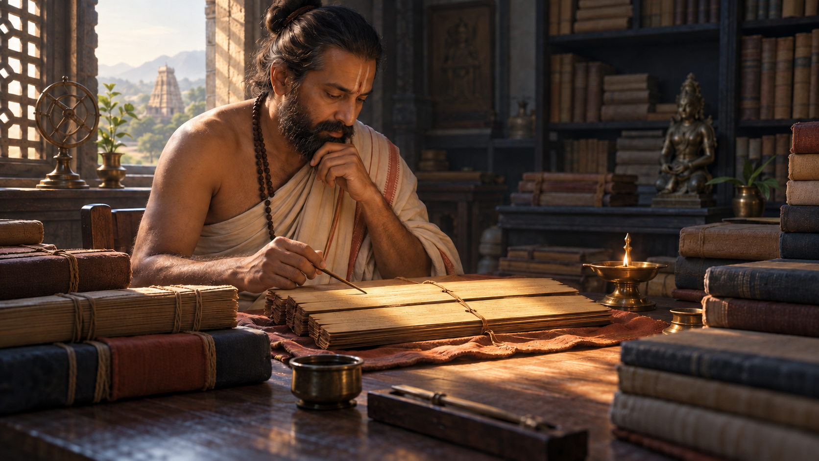 An Indian scholar studies an illuminated palm-leaf manuscript surrounded by manuscript bundles and modern books in a quiet library.