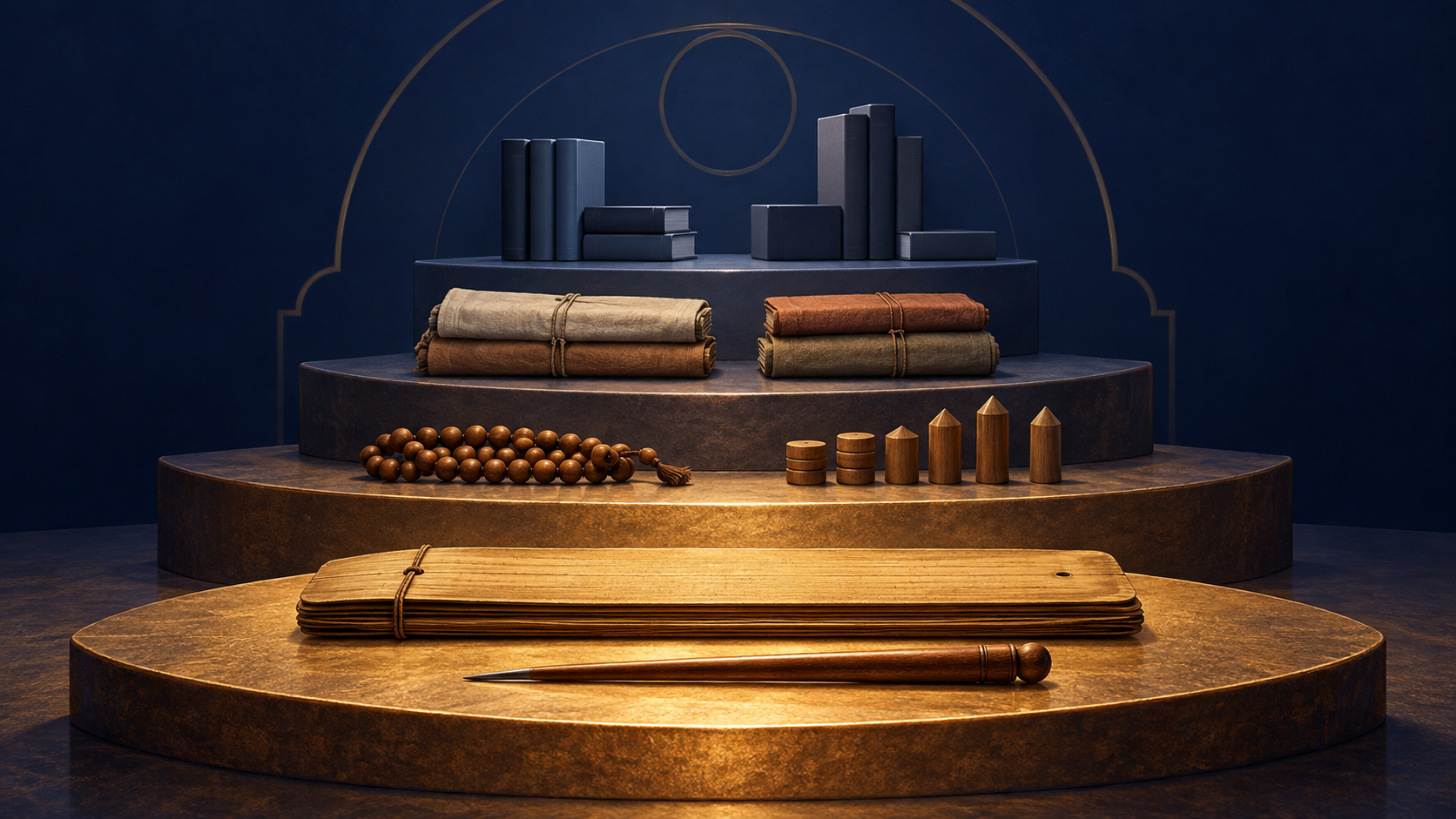 A palm-leaf folio, analysis tools, traditional manuscript bundles, and modern books are arranged on four receding tiers.