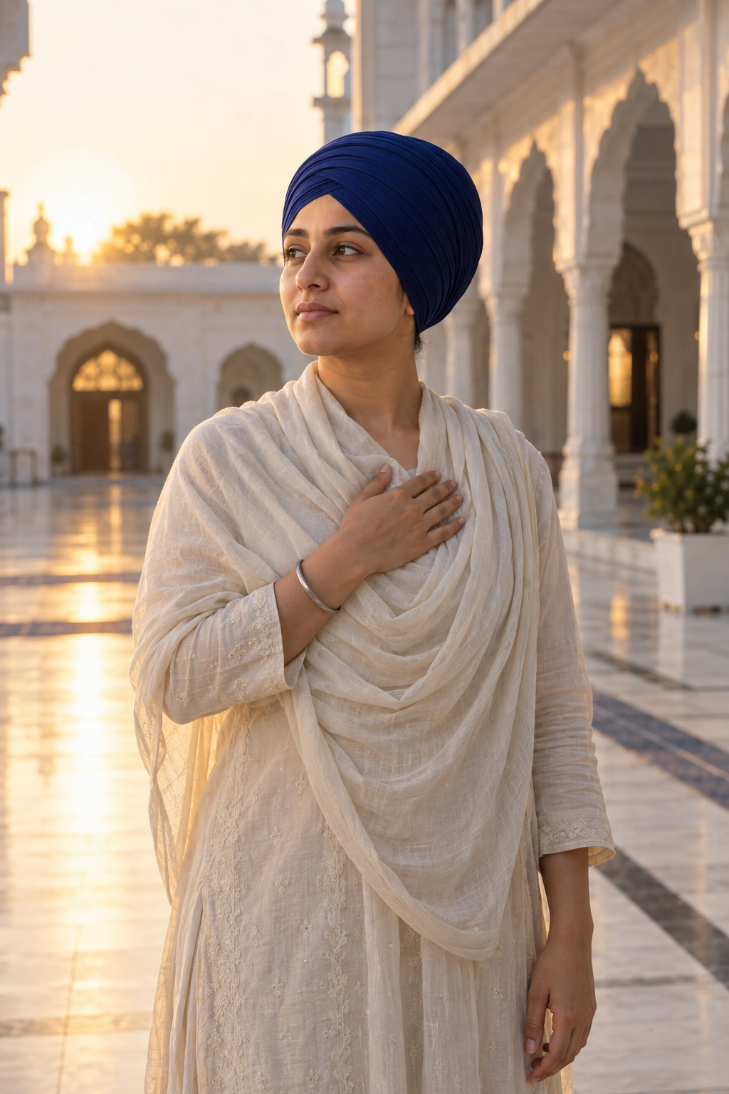 A Sikh woman in a blue dastar stands thoughtfully in a quiet gurdwara courtyard at dawn, with a steel kara visible on her wrist.