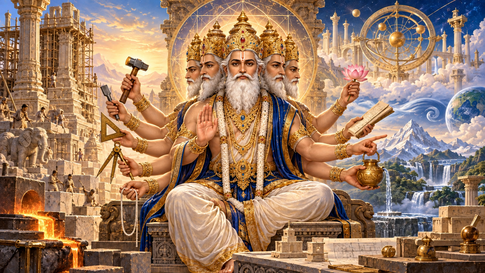 Vishwakarma appears with five faces and ten hands in a luminous cosmic workshop, surrounded by traditional tools, architectural forms, metalwork, and elemental light.