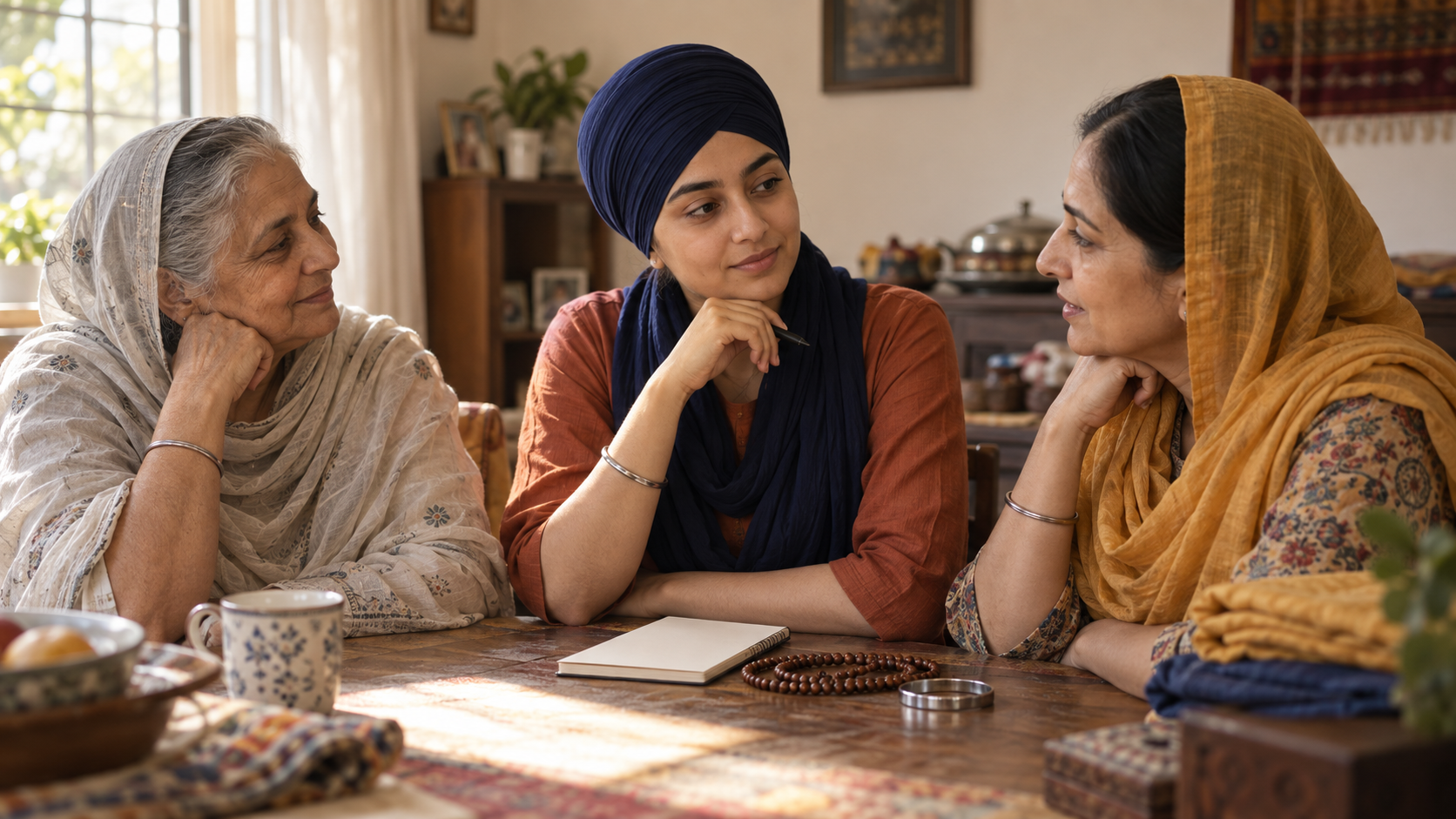 Three Sikh women of different generations sit together in a home beside an unmarked notebook, prayer beads, and household objects.