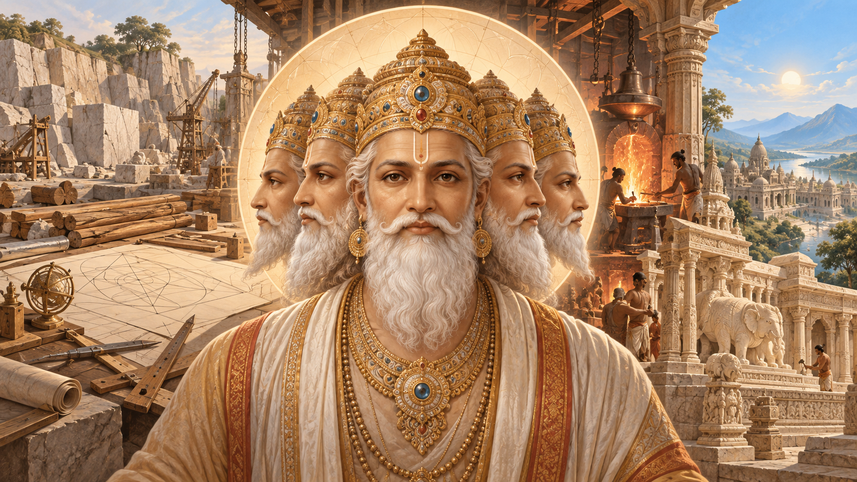 Five harmoniously arranged faces of Vishwakarma look toward raw materials, geometric plans, a forge, finished structures, and the horizon within one sacred workshop.