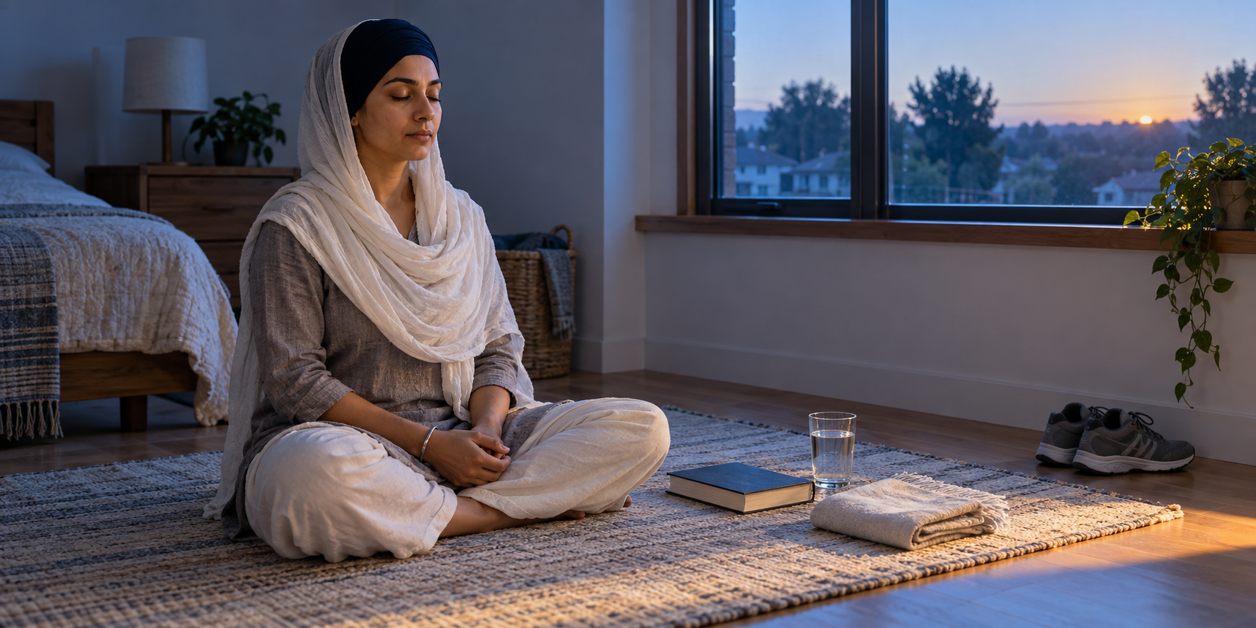 A Sikh woman meditates beside a window at sunrise, with an unmarked book, water, walking shoes, and folded cloth arranged nearby.