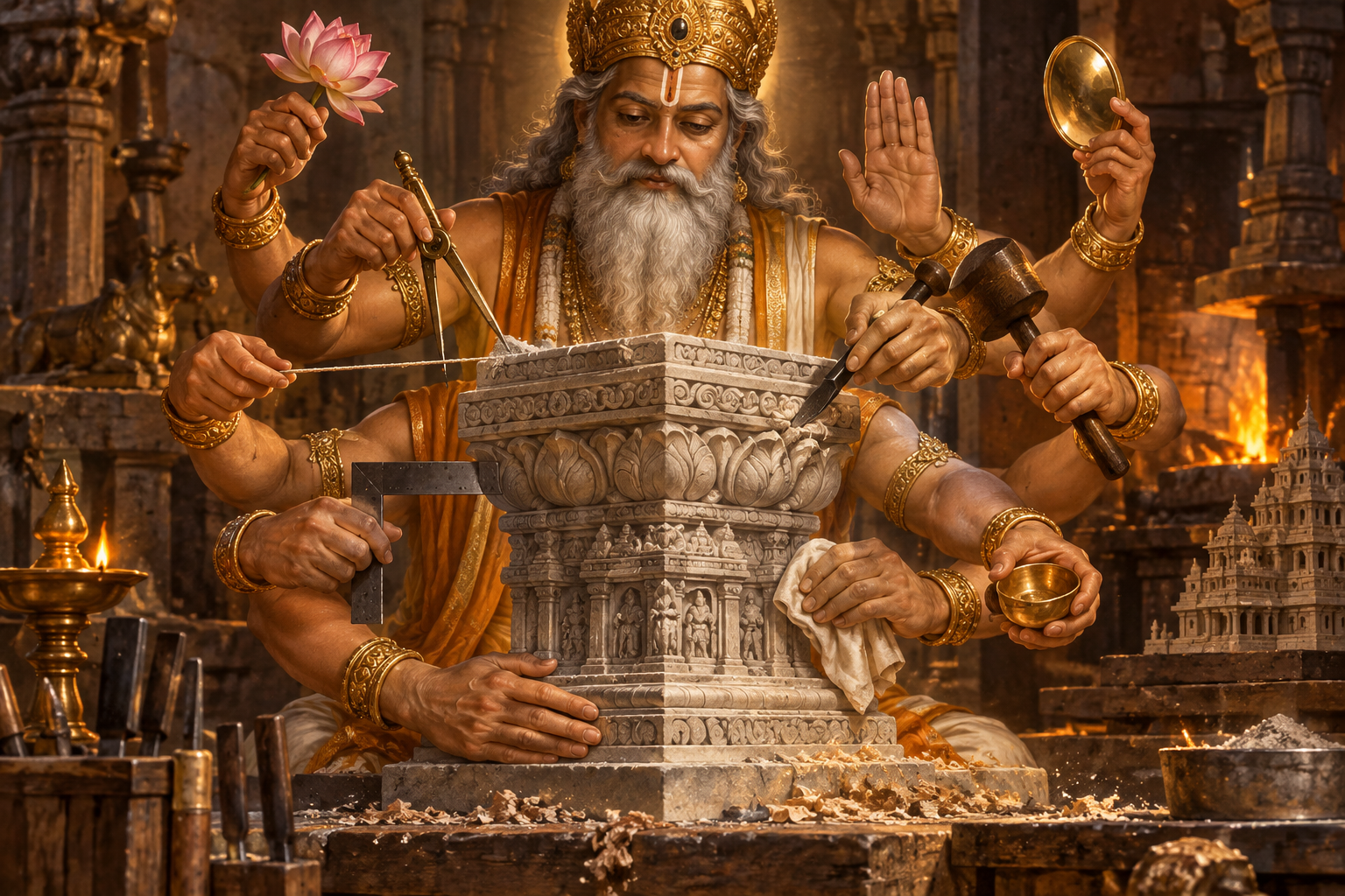 Ten hands of Vishwakarma measure, steady, carve, join, polish, and inspect an architectural object with traditional craft tools in an orderly workshop.