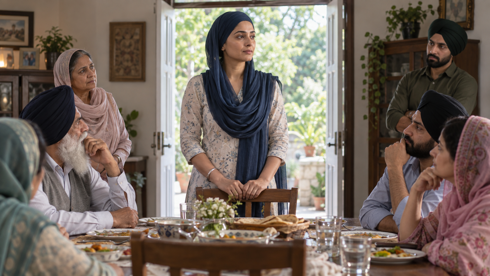 A Sikh woman stands calmly during a family discussion as relatives listen around a dining table and daylight enters through an open doorway.