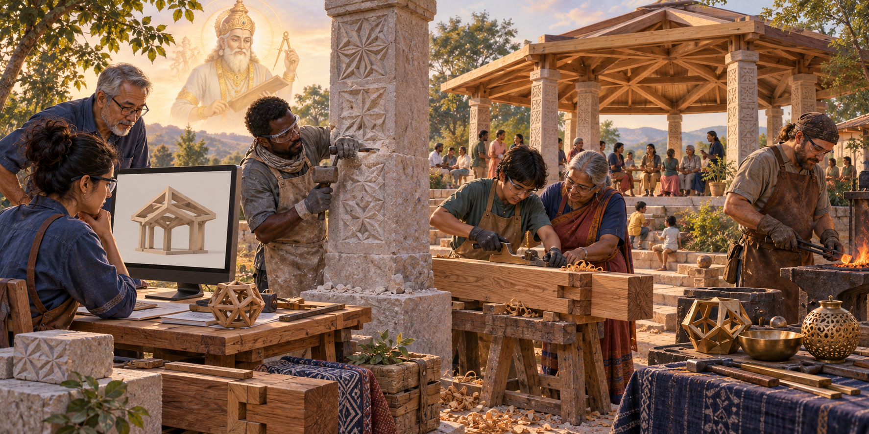 Craftspeople design, carve, join, and forge parts of a community pavilion while a luminous image of Vishwakarma watches over the shared workshop.
