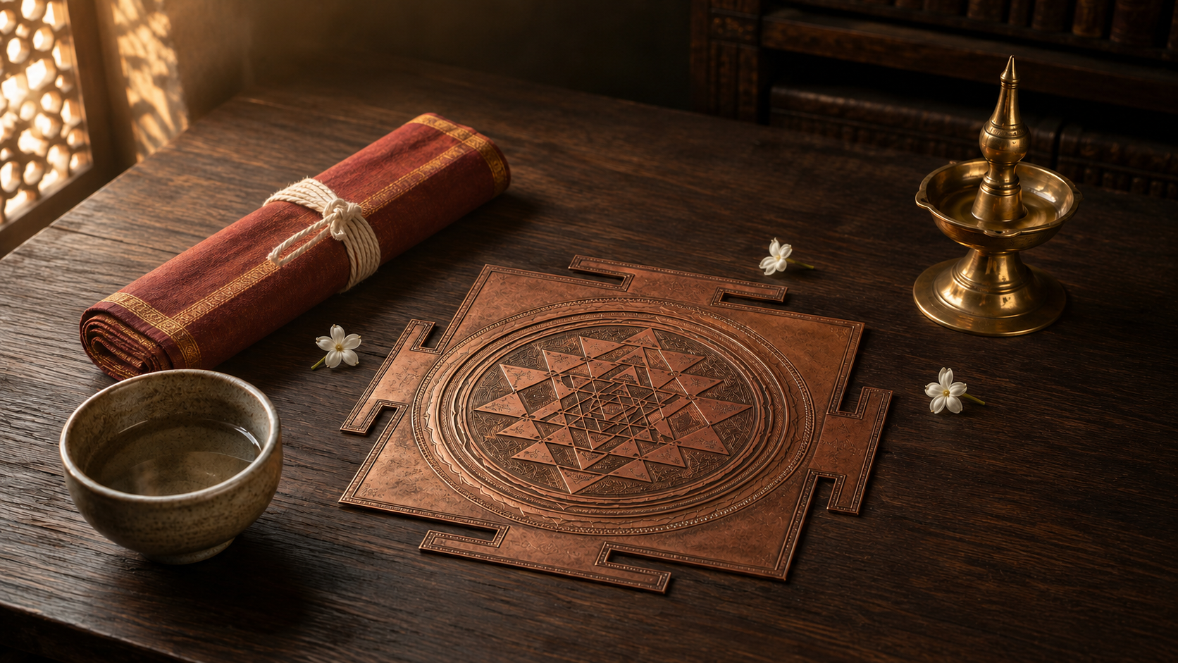 A copper Sri Chakra, wrapped palm-leaf manuscript, brass lamp, jasmine flowers, and water bowl arranged on a dark wooden table.