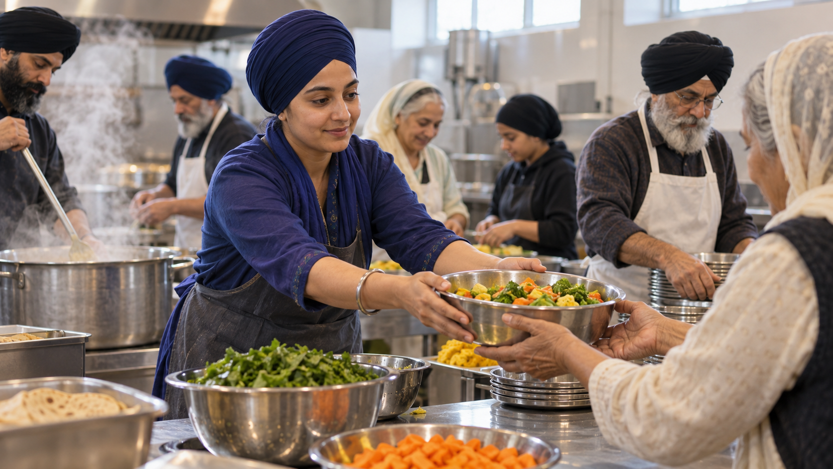 A Sikh woman passes a bowl of vegetables to an older volunteer while a mixed-age group prepares a communal meal together.