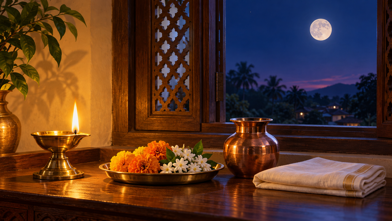 A glowing brass diya and puja items sit beside a window under a nearly full moon in a deep blue evening sky.