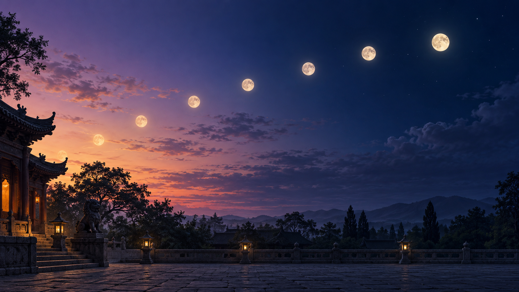A nearly full moon appears in successive positions above a temple courtyard as the sky changes from dusk to night.