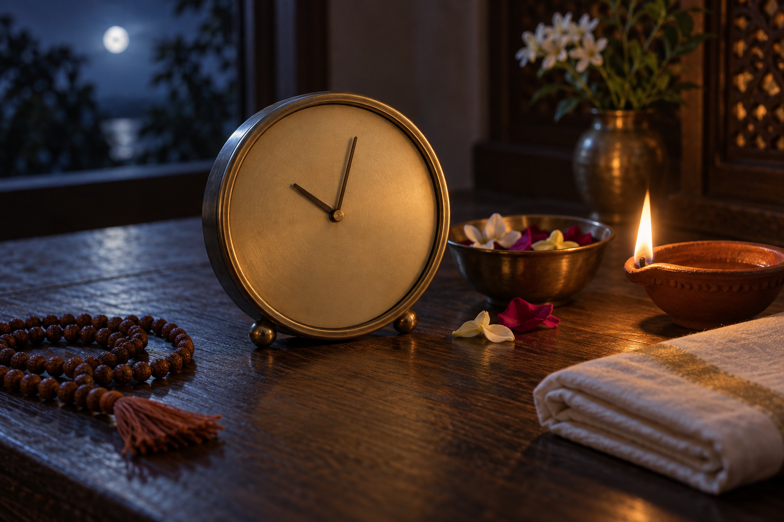 A blank-faced brass clock set just after ten sits beside a lit clay lamp, flower petals, prayer beads, and folded cloth.