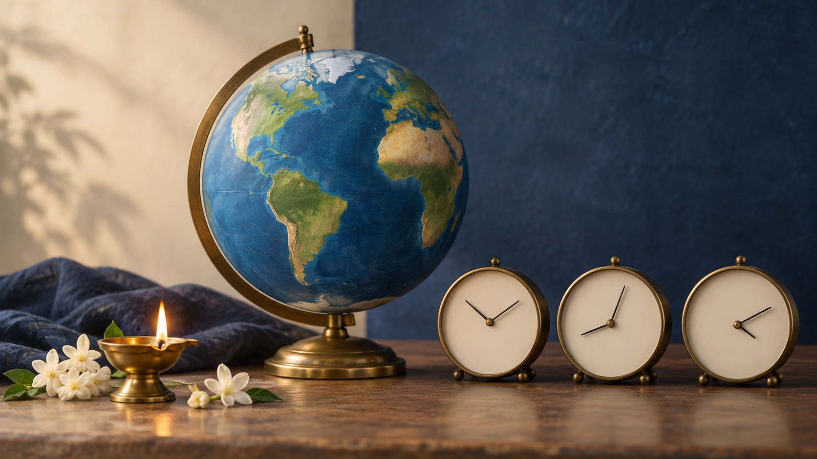 An unmarked globe stands beside three blank-faced clocks showing different times, with a brass lamp and jasmine flowers in front.