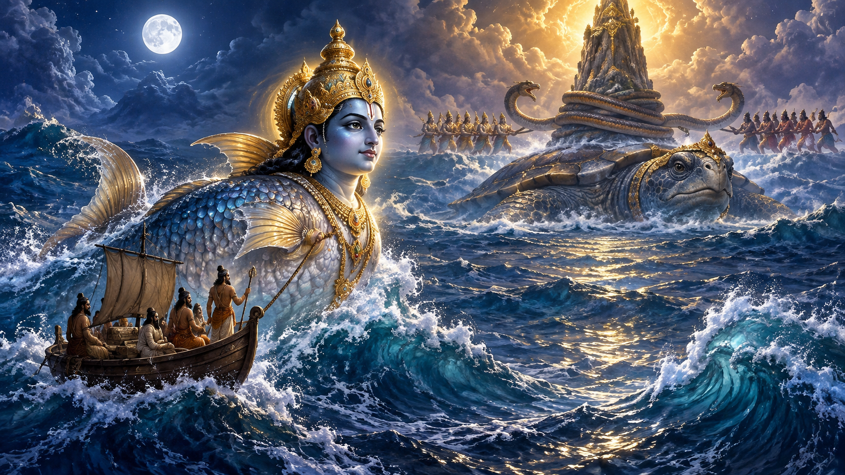 Matsya guides a vessel through floodwaters while the giant tortoise Kurma supports the cosmic churning in the distance.