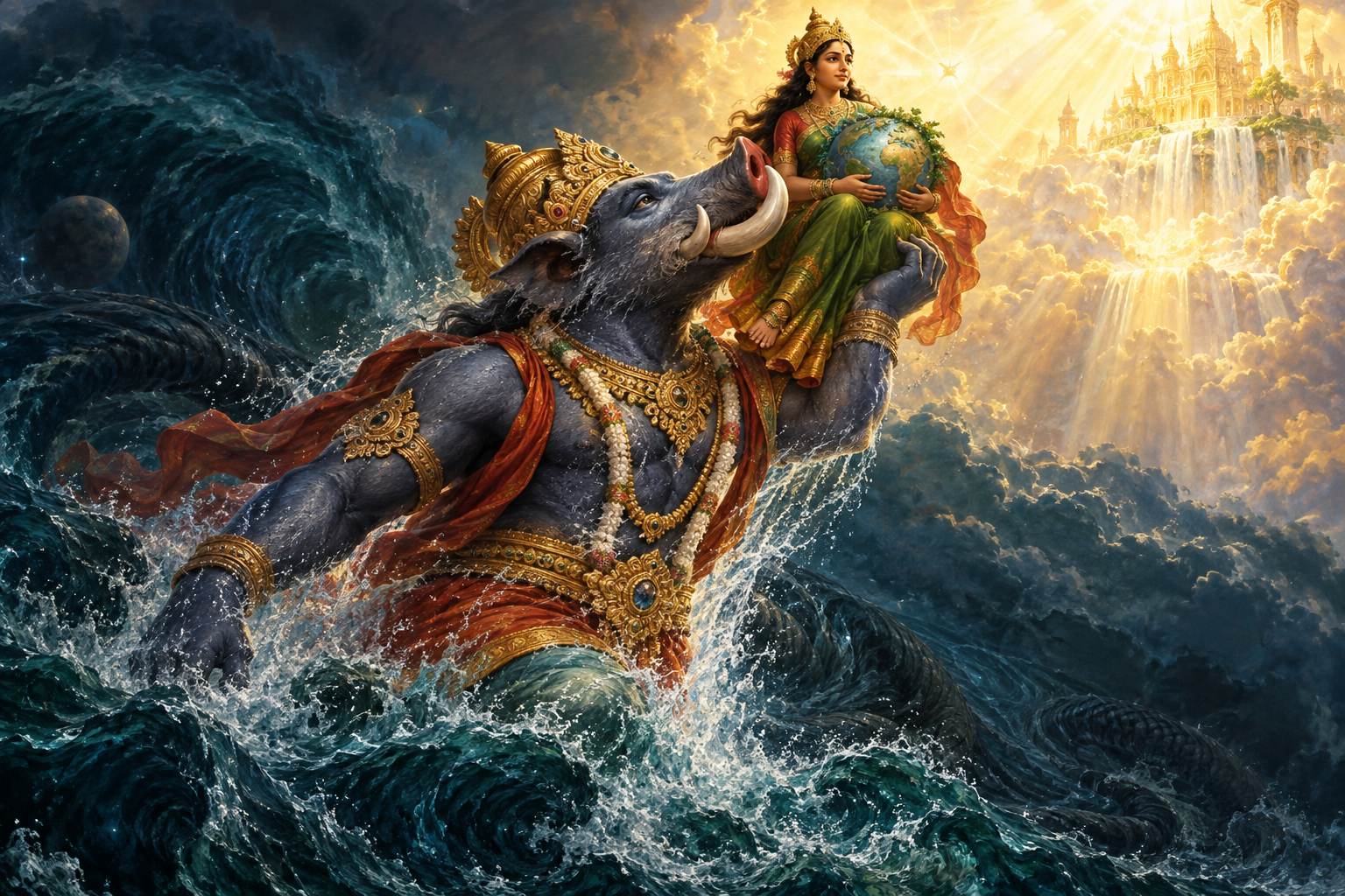 Boar-headed Varaha raises Bhudevi from dark cosmic waters into golden light.