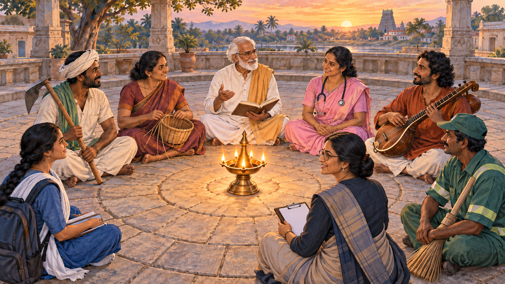 People representing different forms of work sit at equal height in a circle around a glowing oil lamp in an open courtyard.