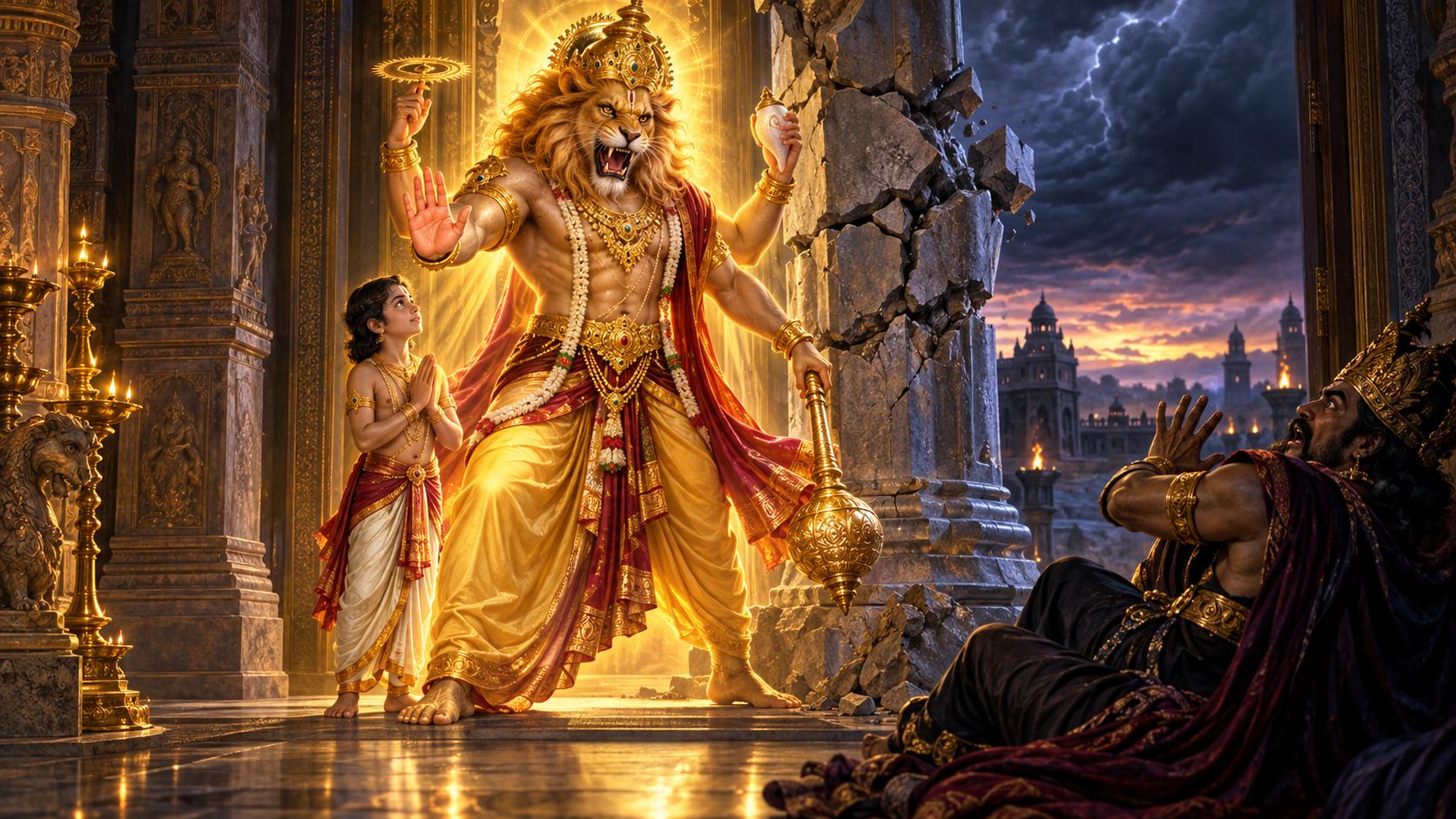 Narasimha emerges beside a broken palace pillar and stands protectively near the child devotee Prahlada.