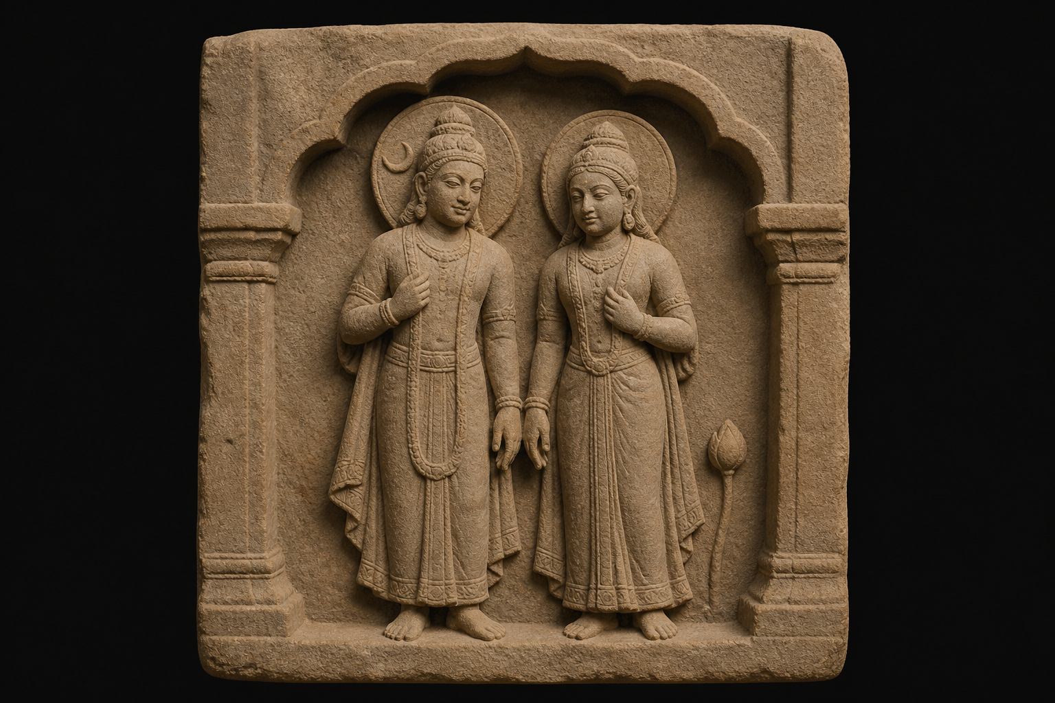 Stone panel of a male lunar deity and female companion sharing one niche, with complementary gestures, similar ornaments, a worn halo, and a lotus bud.