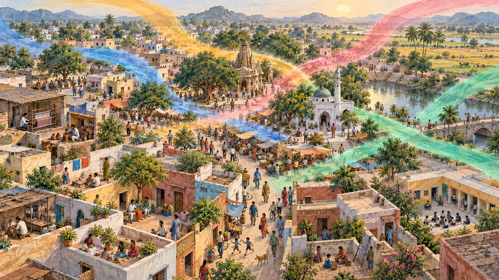 Broad bands of colored light cross above a detailed Indian town made up of many homes, workshops, community spaces, and fields.