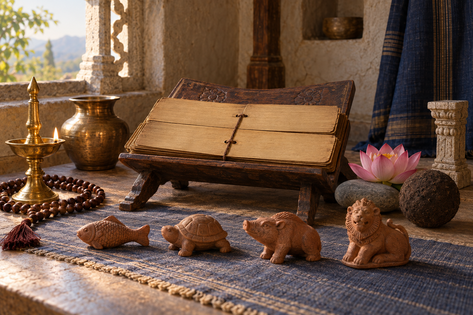 Blank palm-leaf manuscript and oil lamp arranged with small fish, tortoise, boar, and lion-faced clay figures.