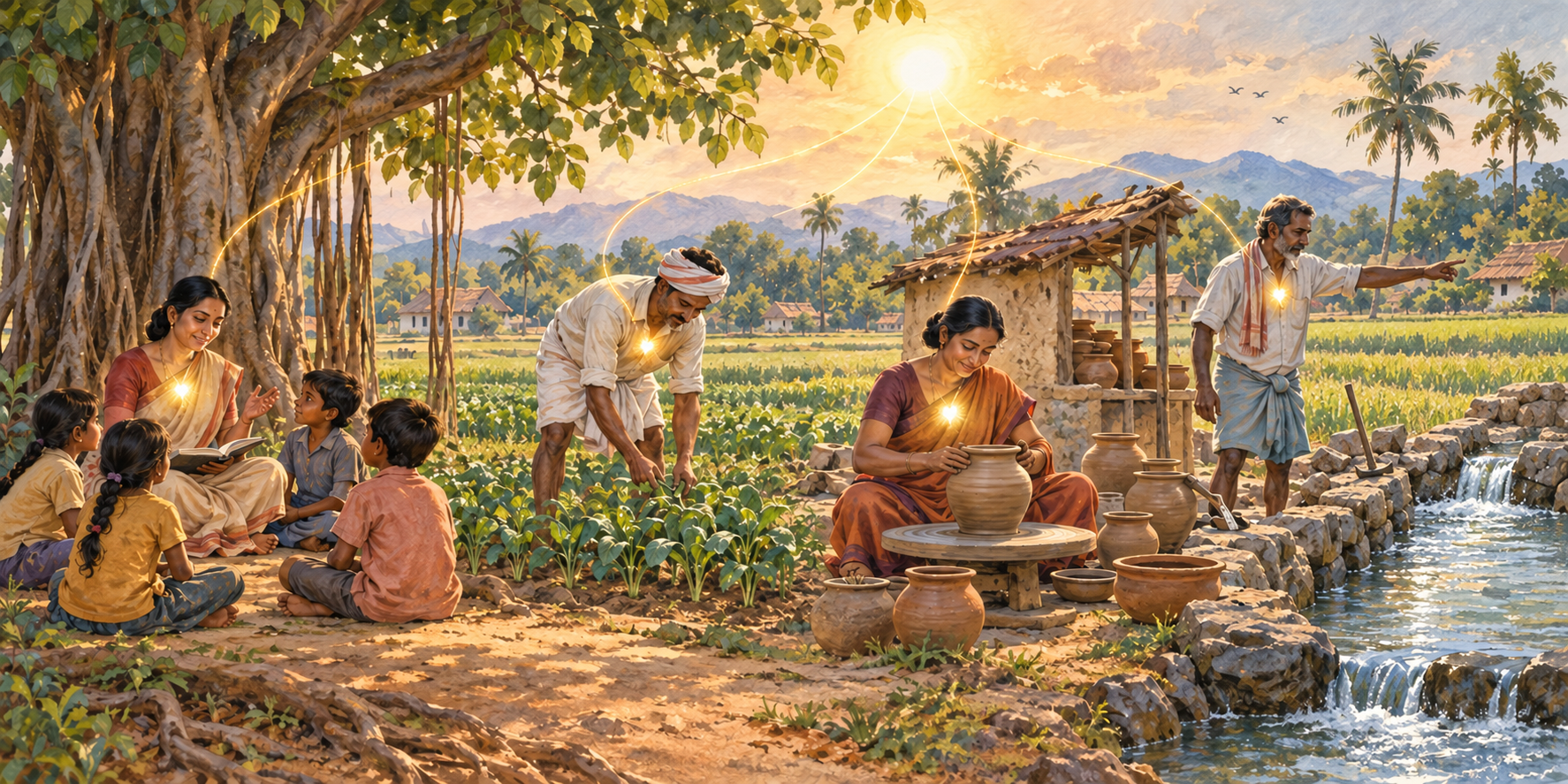 Four people teach, farm, make pottery, and repair a water channel while an equal golden glow shines within each person.