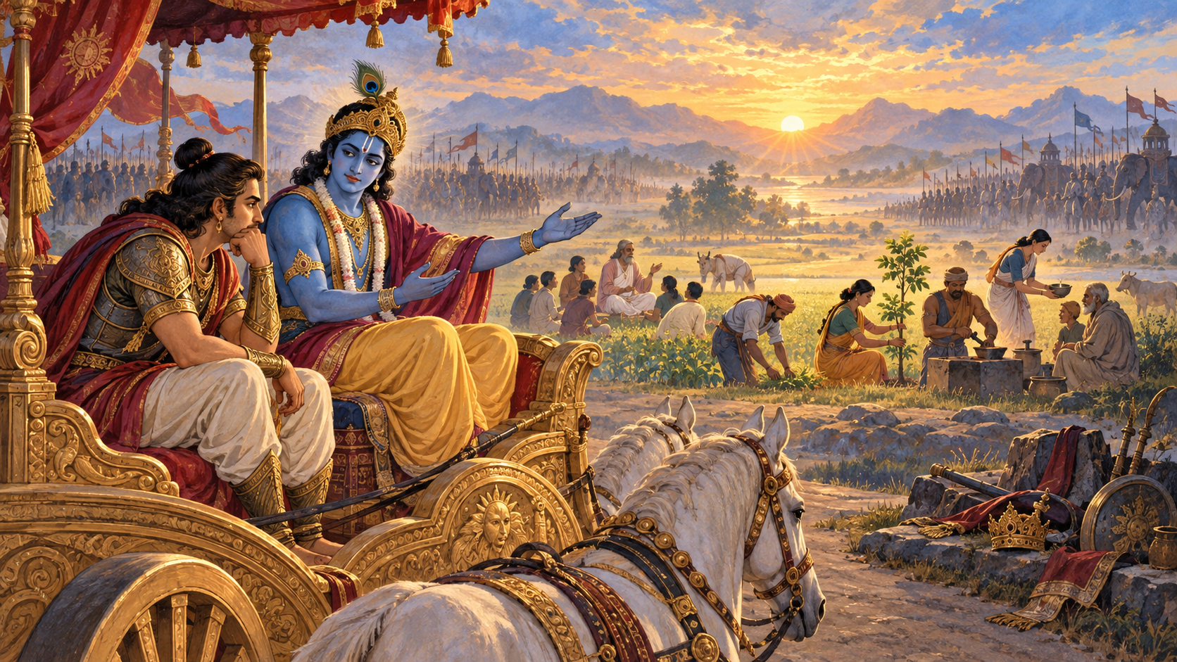 A blue-toned charioteer speaks with a seated warrior as people carry out different forms of work in the sunlit distance.