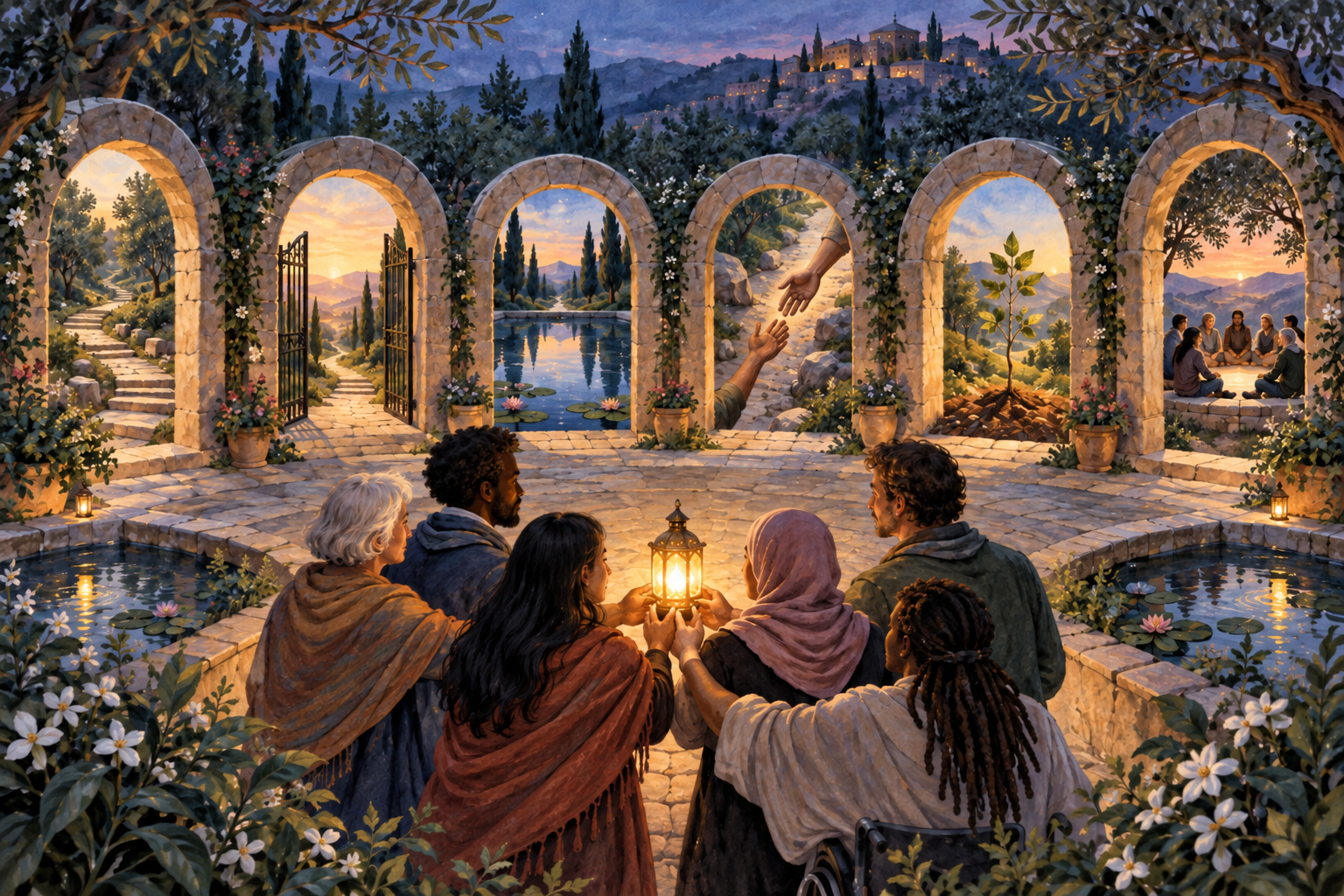 Community members carry a glowing lamp together through six stone archways in a garden, passing symbols of balance, openness, reflection, care, growth, and unity.