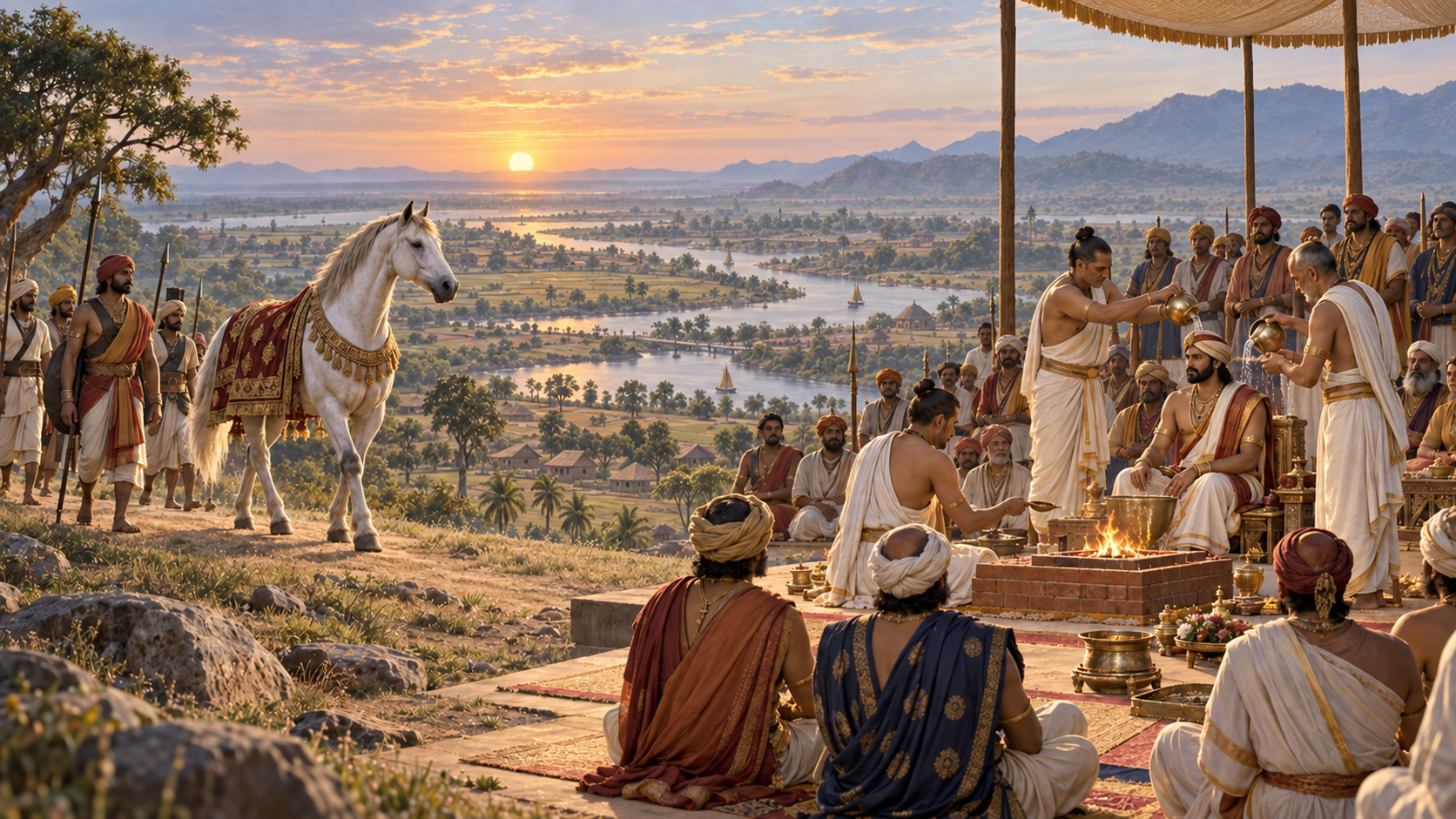 A royal horse and attendants travel outward across a landscape on one side, while a ruler receives a water consecration beside a Vedic fire altar on the other.