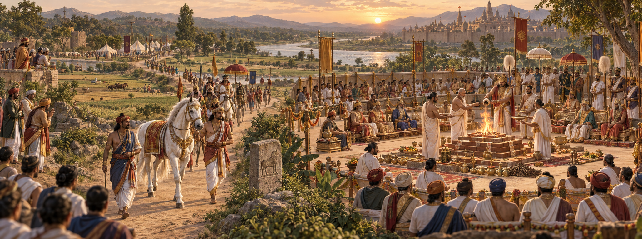 A ceremonial horse crosses the outer edge of a realm with escorts, contrasted with an ordered royal consecration around a central fire altar.
