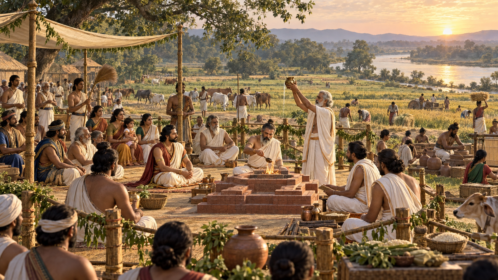 A king, priests, community members, fields, cattle, and a river surround a carefully ordered Vedic fire ritual at sunrise.