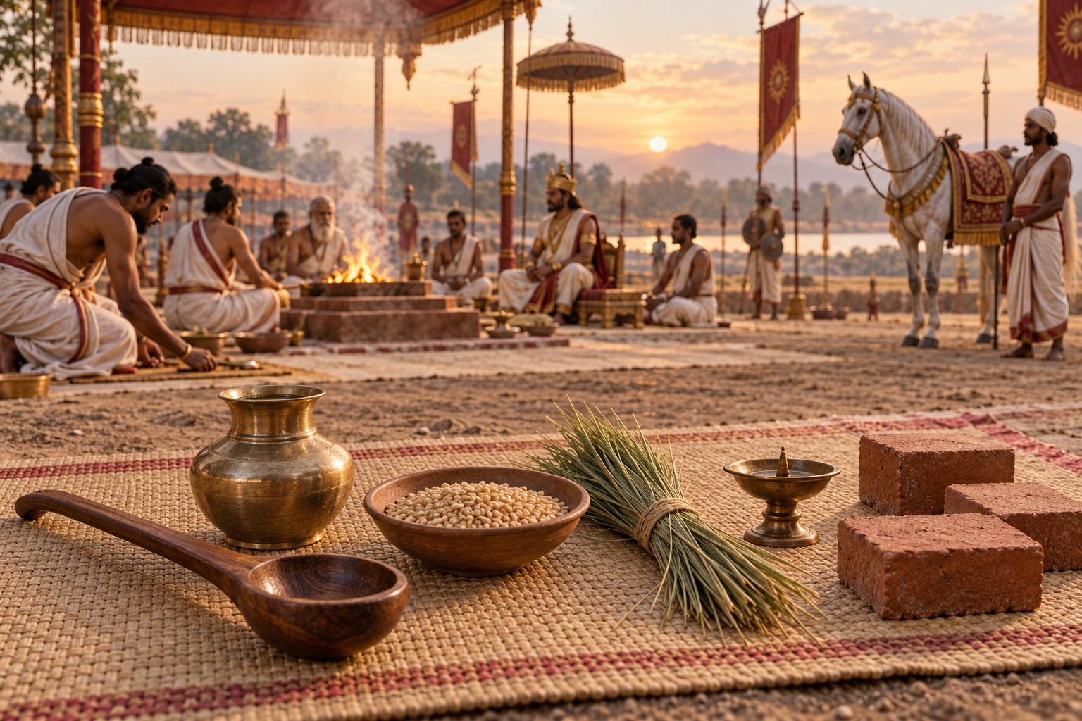 Ritual vessels, grains, sacred grass, wooden implements, and altar bricks appear in the foreground of a royal ceremony being prepared.