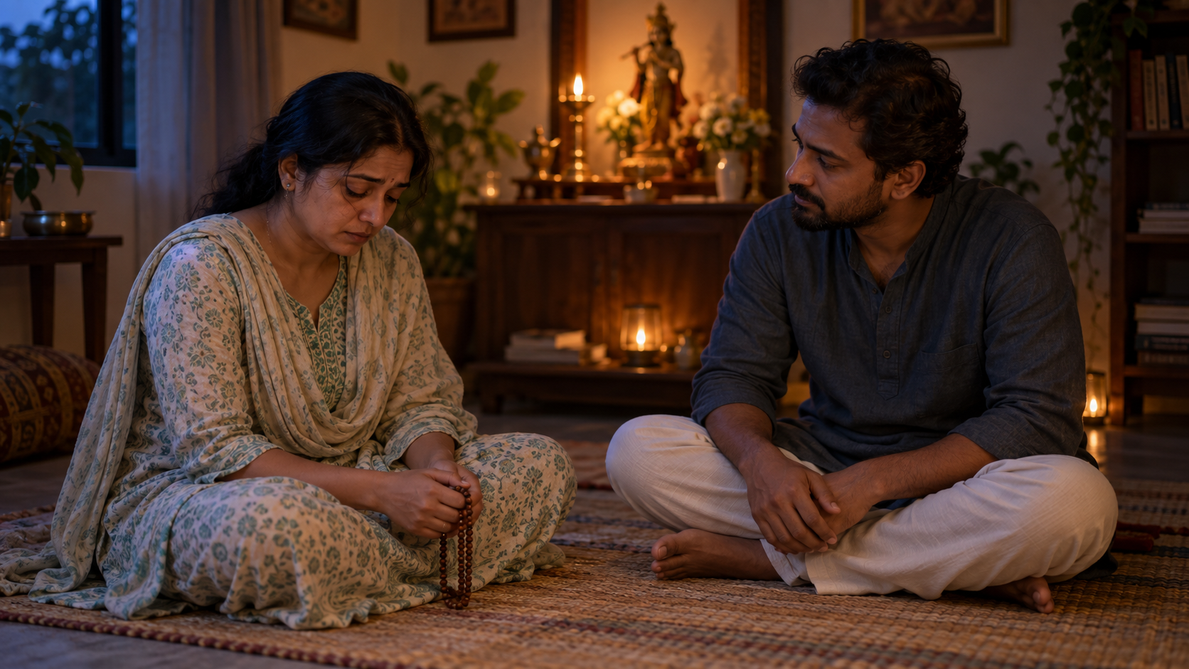 A grieving devotee holding prayer beads sits beside a supportive companion in a softly lit home prayer room.