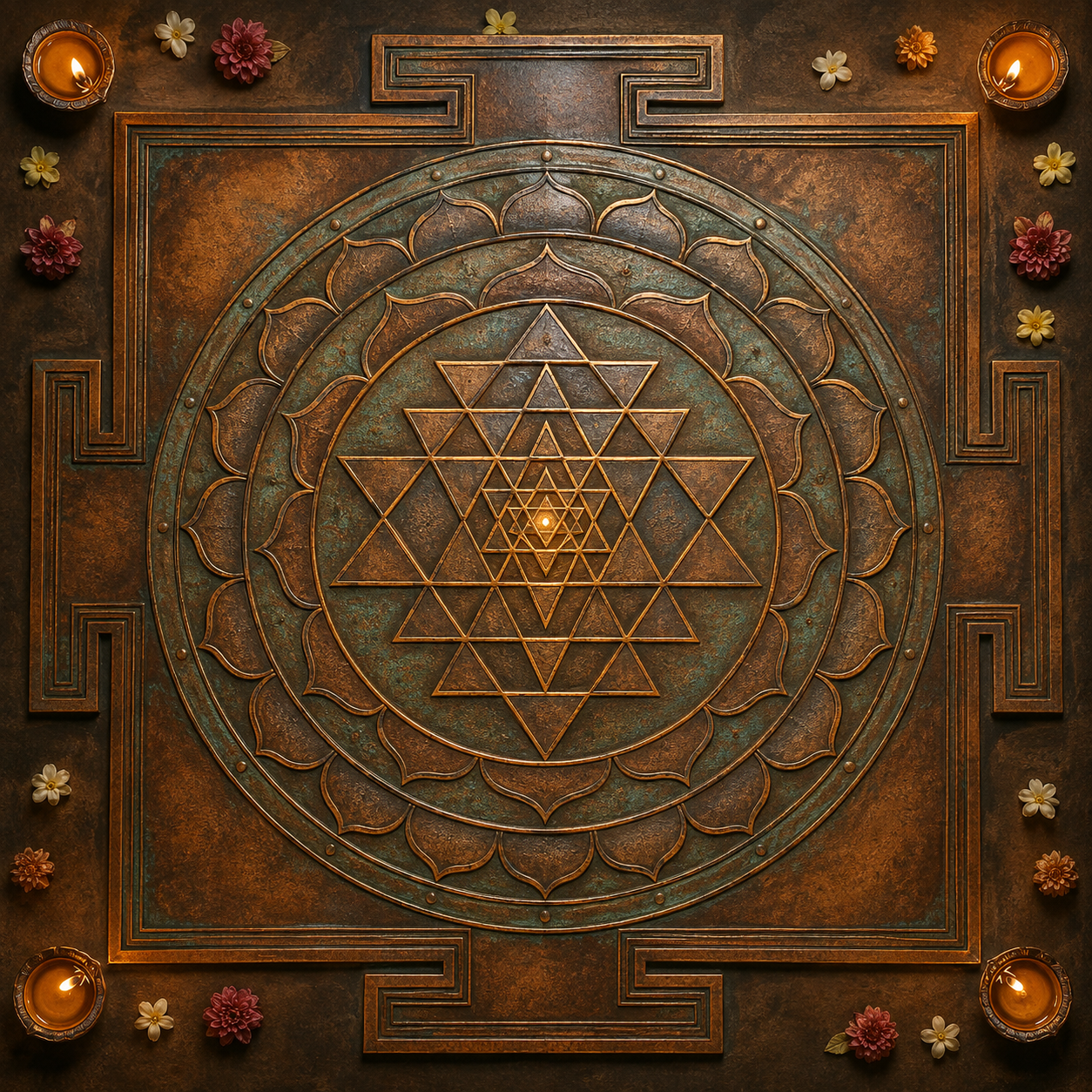 An overhead view of a copper Sri Chakra with interlocking triangles, lotus-petal circuits, an outer square, and four gateways.