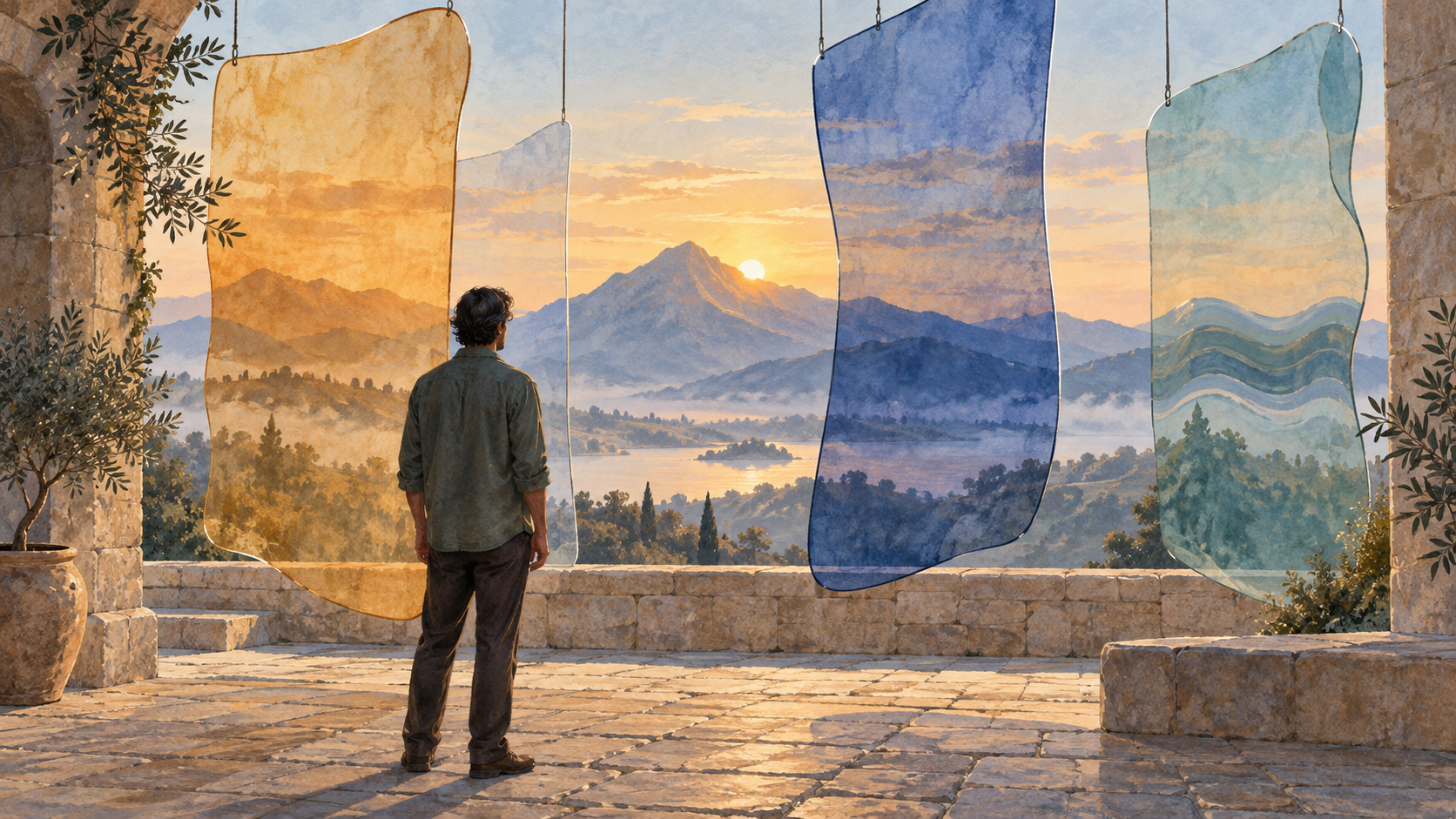 A person in a dawn courtyard looks through translucent panels that show different partial views of the same sunlit mountain.