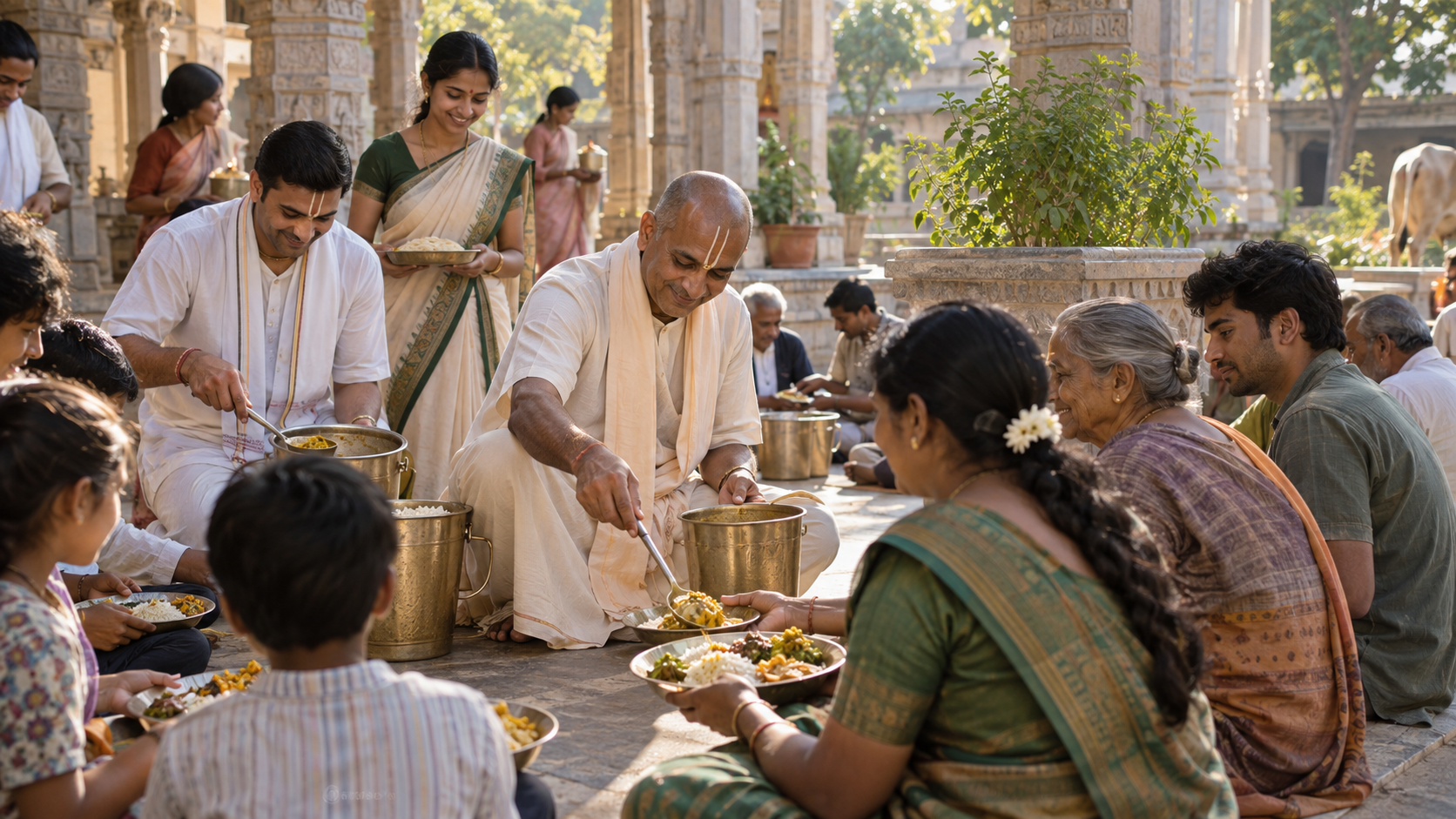 A spiritual leader serves a vegetarian meal alongside volunteers to families and elders in a sunlit temple courtyard.