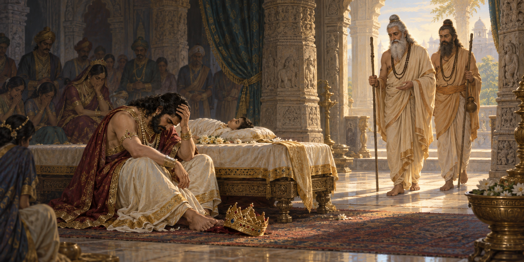 A grieving ancient Indian king sits in a palace chamber as two serene sages approach him.