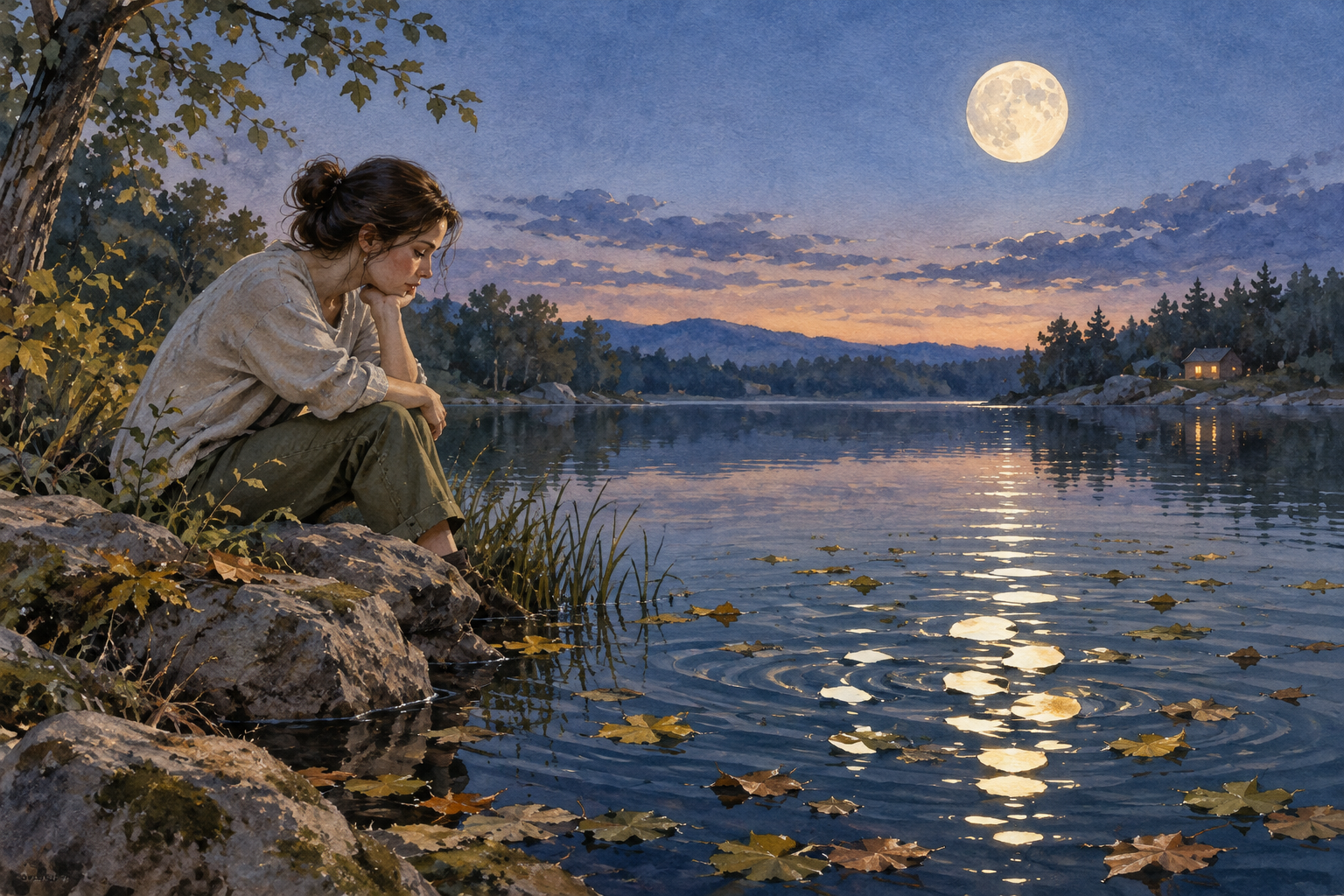 A seated person studies a moon reflection fragmented by ripples while the full moon remains visible in the sky.