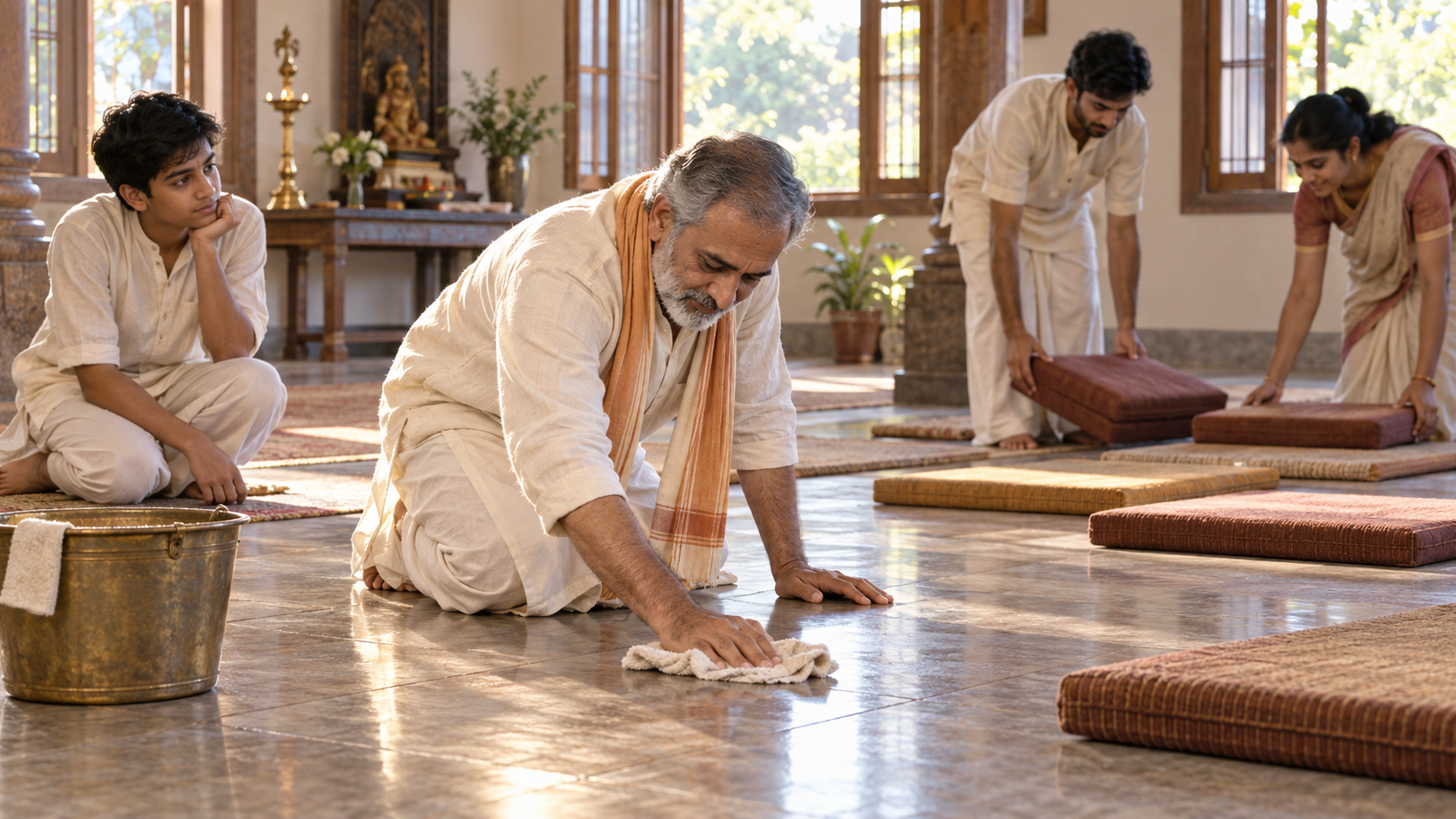 A community leader cleans the floor of a modest prayer hall while volunteers prepare the room and a young participant watches.