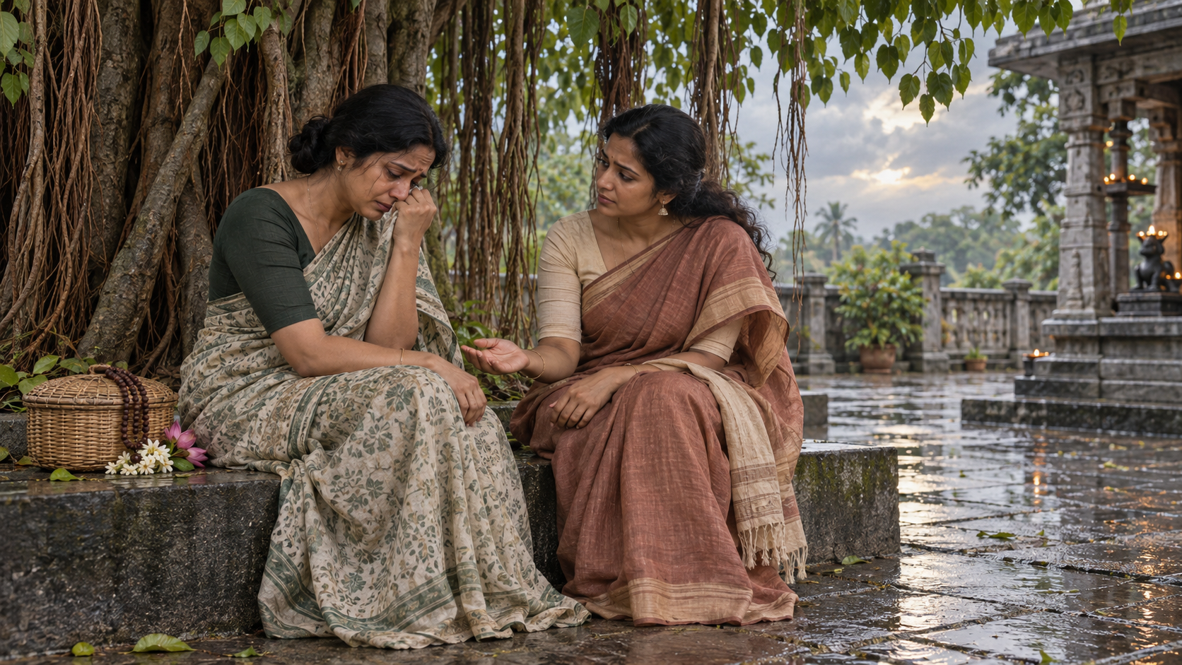 Two women sit beneath a banyan tree, with one grieving and the other listening attentively beside her.