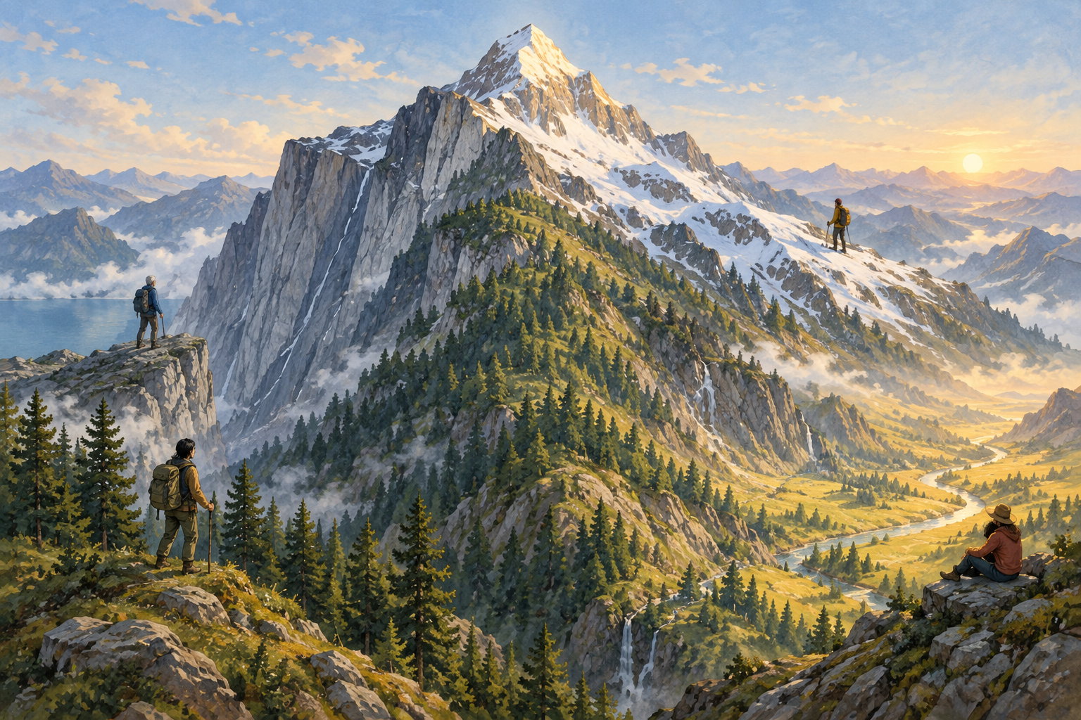 Four travelers view the forest, cliff, ridge, and valley sides of the same mountain beneath one summit.