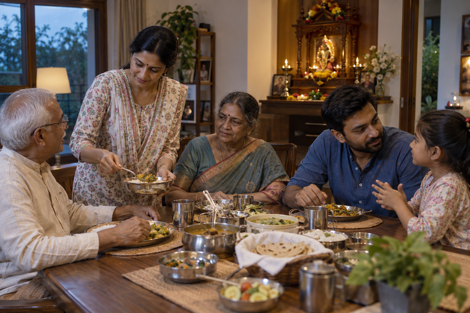 A multigenerational family shares a vegetarian meal in a contemporary home while an adult serves an elder and another listens to a child.