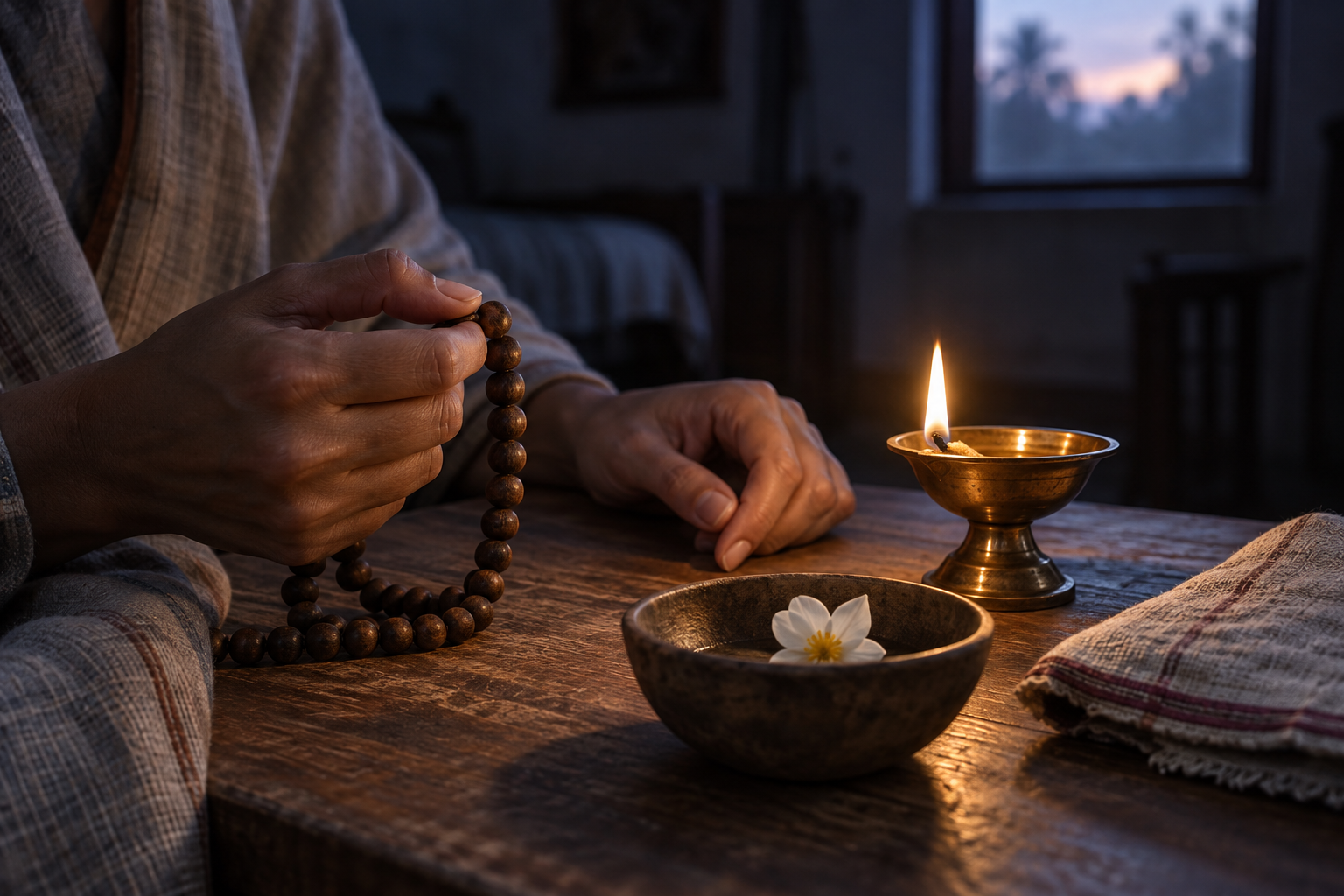 A hand turns a wooden prayer bead beside a small oil lamp and a single flower at dawn.